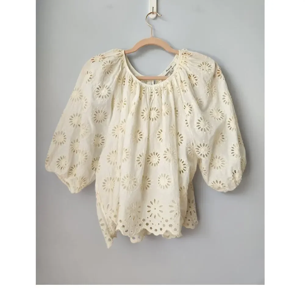 NWT Madewell Embroidered Shirred Puff-Sleeve Top White L